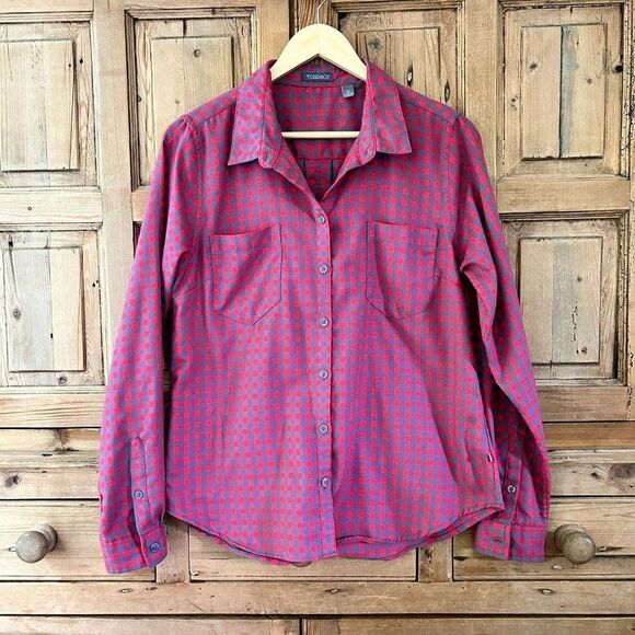 Women's Toad & Co Medium Dakotah Travel Shirt Plaid Flannel Button Down Pink‎ - Picture 1 of 11